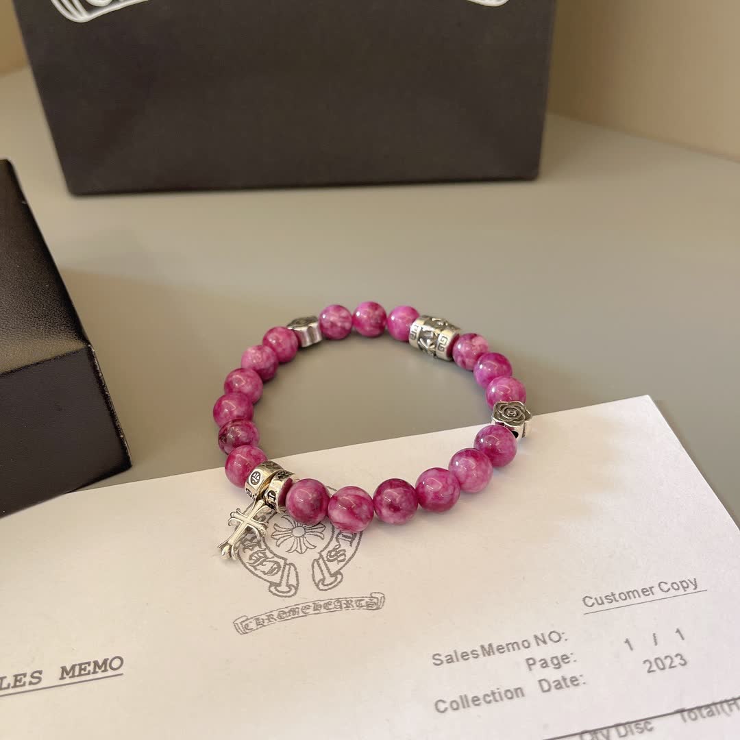 Chrome Hearts Purple Gemstone Bracelet with Silver Cross and Flower Charms